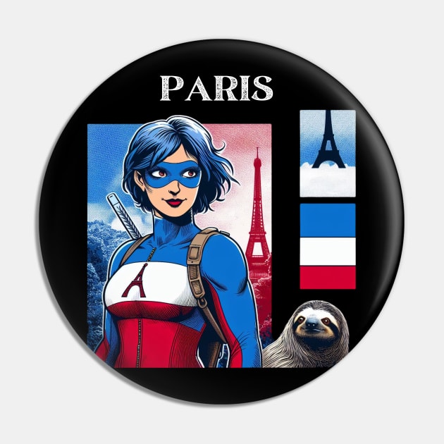 Paris France 80s Female Comic Book Superhero Sloth Pin by Woodpile