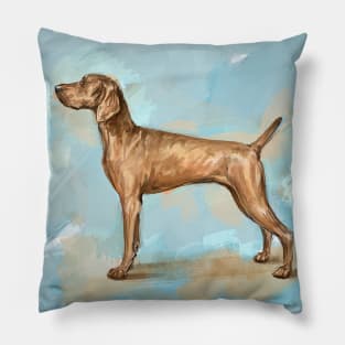 Painting of a Cute Weimaraner Standing and Looking to the Left. Blue Background Pillow