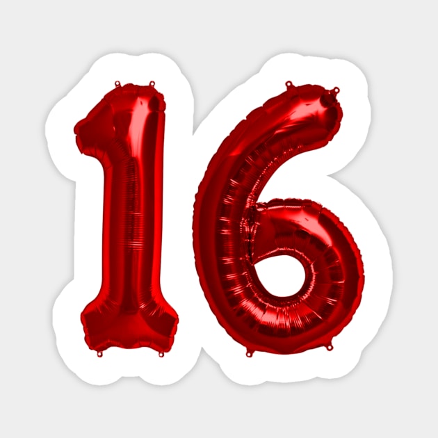 Bright Red 16th Birthday Metallic Helium Balloons Numbers Magnet by podartist