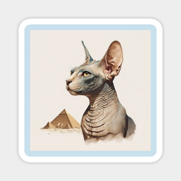 Illustration of a grey sphinx cat looking away against the pyramids on the beige background Magnet by KOTYA