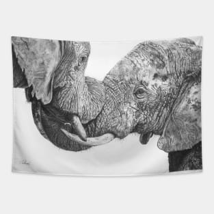 Titanic Embrace African Elephants drawing print Tapestry
