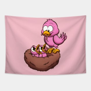 Mother Bird Feeding Her Nest Tapestry