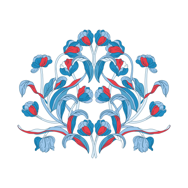 Chinoiserie red and blue tulips illustration by IngaDesign