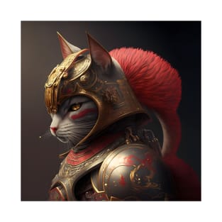 Samurai Cat Wearing Red and Gold Armor T-Shirt