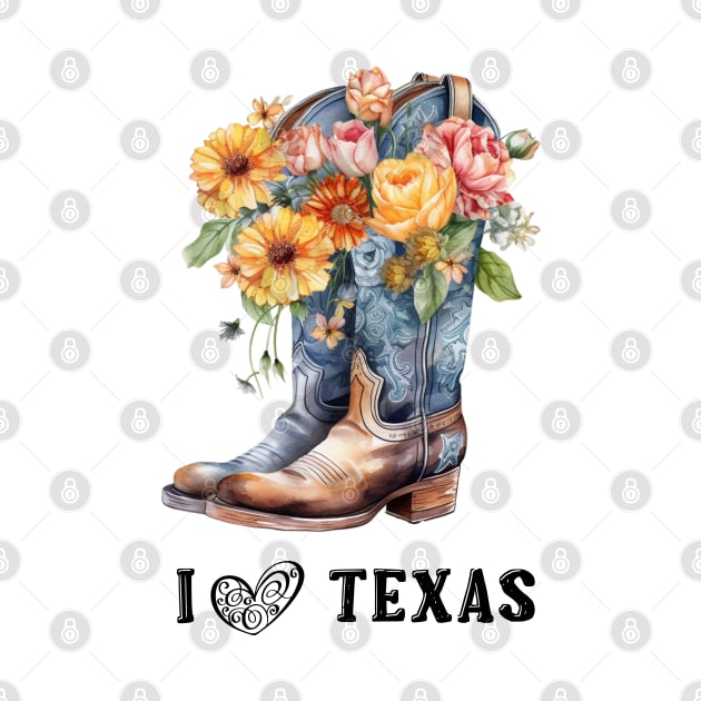 I Love Texas Boho Cowboy Boots Watercolor Art by AdrianaHolmesArt