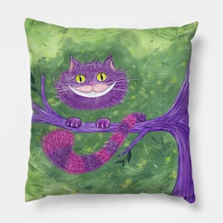 Smiling Cheshire Cat on a Tree Branch Digital Illustration Pillow