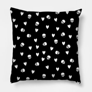 Cute Hearts and Skulls Black and White Halloween Pattern Pillow