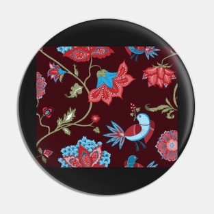 Exotic chintz with bird - dark red Pin