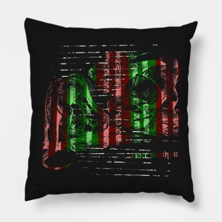 Nest Robber - Ornithomimid and Protoceratops, red and green stripes Pillow