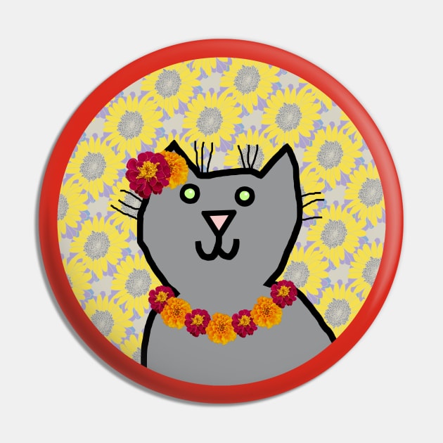 Marigold Floral Cat Portrait Pin by ellenhenryart