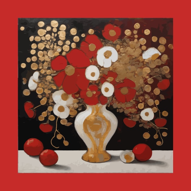 Red Gold and White Abstract Flowers in a White Vase After Klimt by bragova