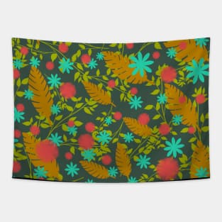 flowers and leaves pattern in green bg Tapestry