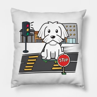 Cute white dog is skate boarding on the street Pillow