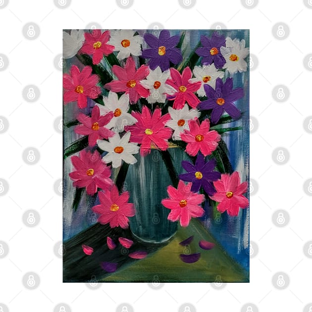 Some bright and colorful abstract flowers in a turquoise vase. by kkartwork
