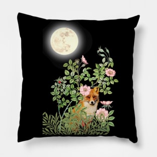 Night Fox Under Wild Rose Pillow