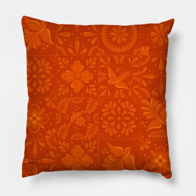 Mexican Orange Talavera Tile Pattern by Akbaly Pillow by Akbaly