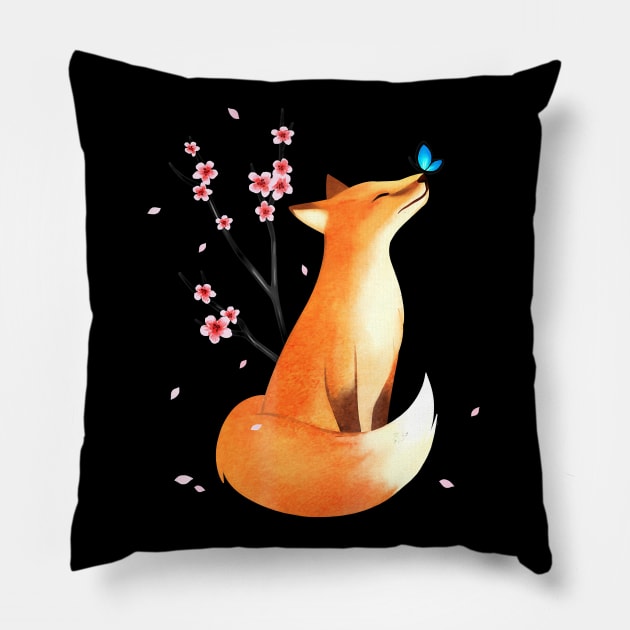 Fox Japanese Cherry Blossom Flower Vintage Pillow by JaydeMargulies