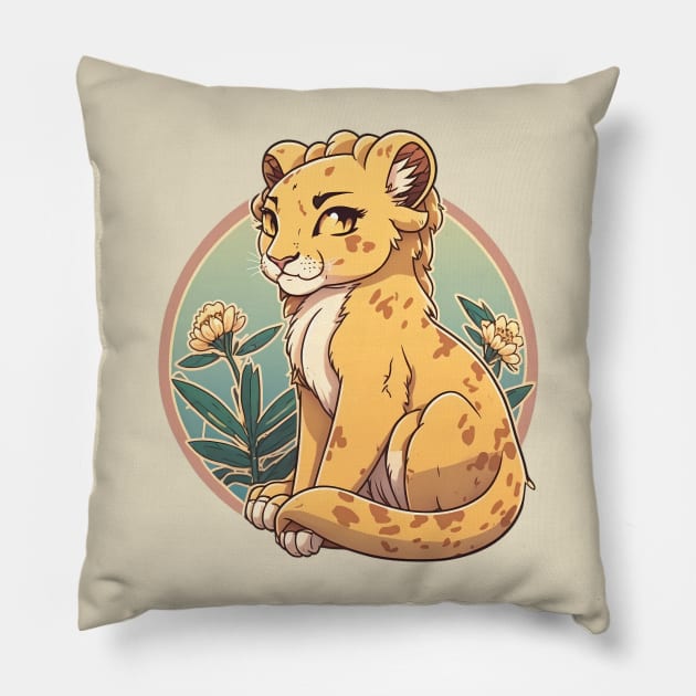 Beautiful lioness in a circle with flowers Pillow by Cute Planet Earth Mini