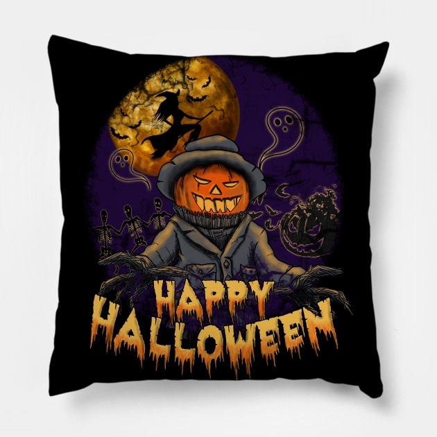 Happy Halloween Autumn Horror Pumpkin Witches Moon Movie Classic Pillow by Kibo2020