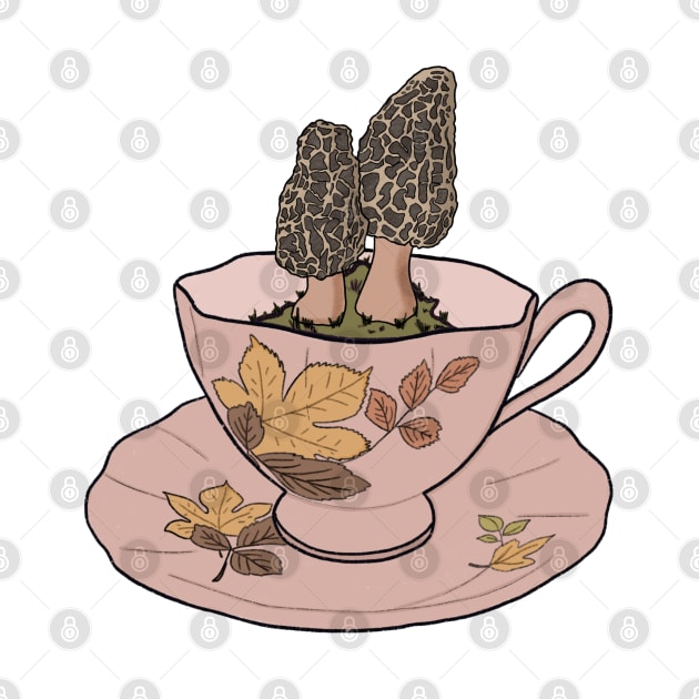 Autumn Cottagecore Morel Mushrooms Tea cup by JuneNostalgia