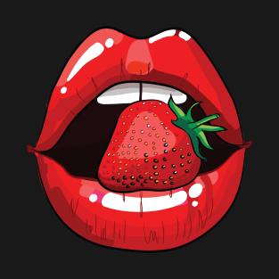 Sexy Woman Lips with Lip Gloss and Strawberry T-Shirt