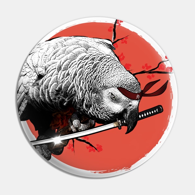 Sunset Samurai Grey Parrot Warrior Pin by BirdNerd