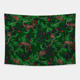 Mice and blackberries on dark green Tapestry