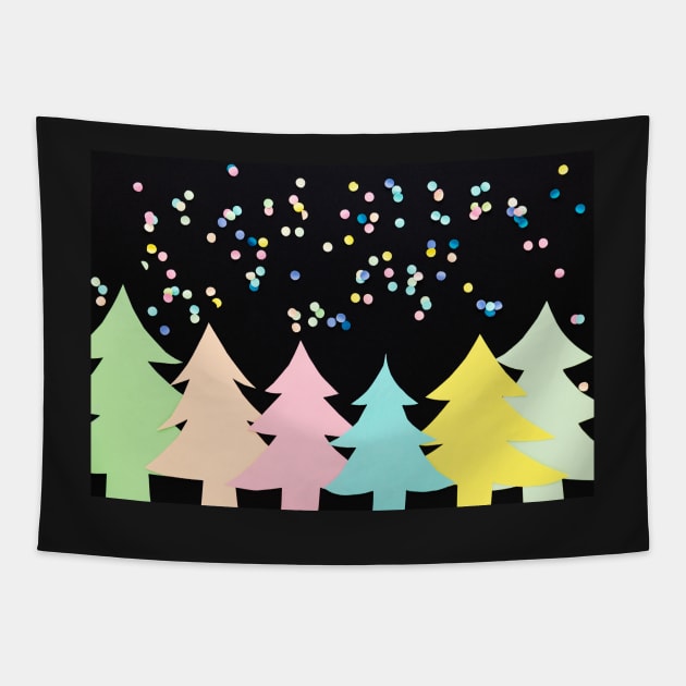 Confetti Snows Down On Colorful Paper Trees Tapestry by karinelizabeth