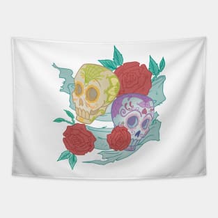 Duo Skull Flower Tapestry