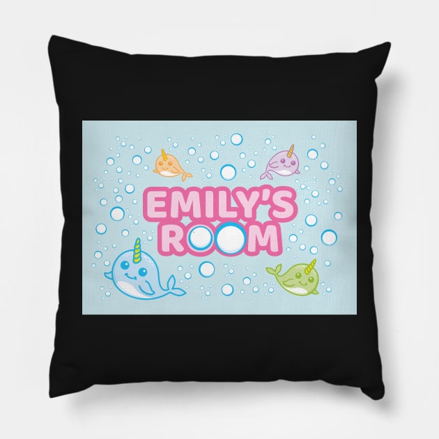 Personalised Narwhal 'Emily's Room' Sea Unicorn Bedroom Poster Door Sign Pillow by LTFRstudio