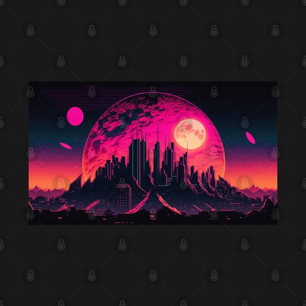 Moon Over Synthwave Retrowave Aesthethic 80s City by Nightarcade