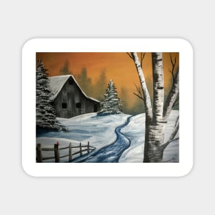 Snowy Barn and Birch Magnet