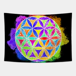 Rainbow Geometric Circle Flower Mandala - White Outline Tapestry