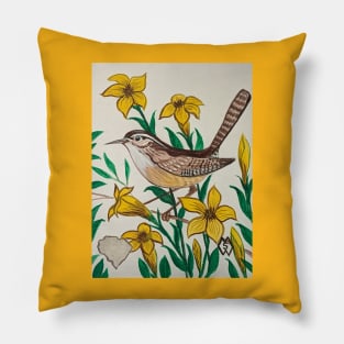 South Carolina state bird and flower, the Carolina wren and yellow jessamine Pillow