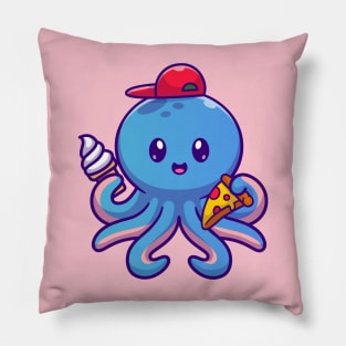 Cute Kid Octopus Holding Pizza And Ice Cream Cone Cartoon Pillow