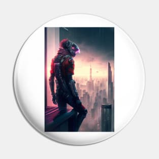 Cyberpunk Character On A Ledge Overlooking A City Pin