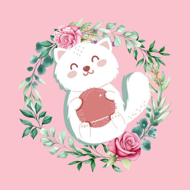 Cute Cat With Flowers and pink background by AwesomeDesignArt