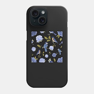 Peonies and blue birds on black backdrop Phone Case