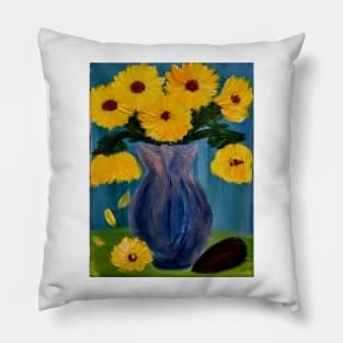 sunflowers in a glass blue vase in vintage style Pillow