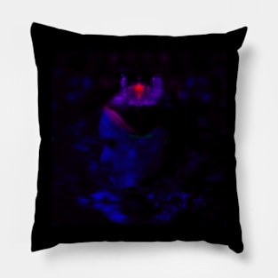 Portrait, digital collage and special processing. Woman in higher state of energy level. Dark blue and red. Pillow