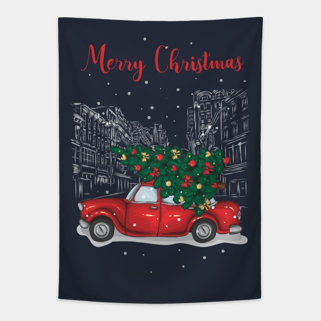 Christmas tree and gifts in a red car! - Happy Christmas and a happy new year! - Available in stickers, clothing, etc Tapestry by Crazy Collective