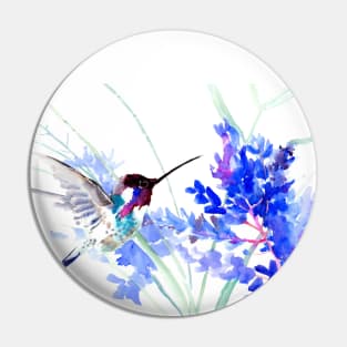 Flying Hummingbird anf Blue Flowers Pin