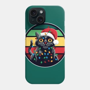 Cute Black Cat Tangled in Christmas Lights - Retro Style T-Shirt Phone Case