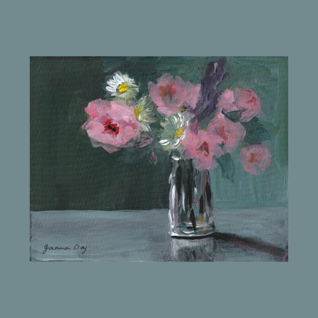 Pink Roses Daisies and Lavender in Glass Vase by Jaana Day