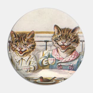 Cute Kitty Couple Enjoy a Mouse and Bird for Breakfast Pin