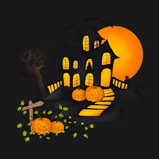 Spooky Haunted House with Halloween Pumpkings and Bats T-Shirt