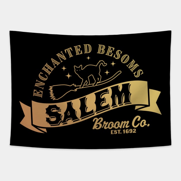 Salem Broom Company Est 1692 Halloween Witch Black Cat Tapestry by OrangeMonkeyArt