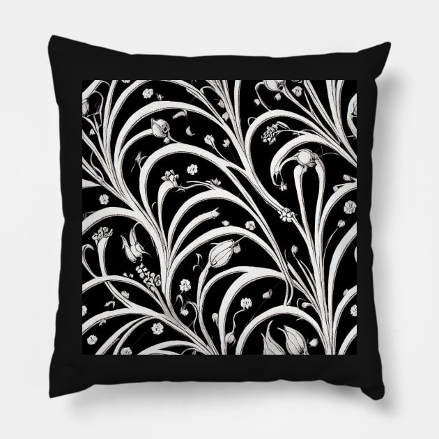 Vintage Floral Cottagecore  Romantic Flower Peony Rose Design Black and White Pillow by VintageFlorals