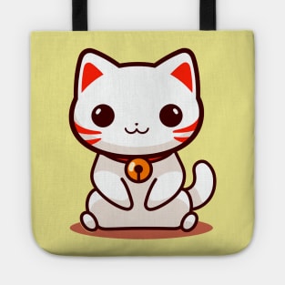 Kawaii Chibi Cat Sitting Down - Minimalistic Japanese Style, White and Orange, Super Cute Tote