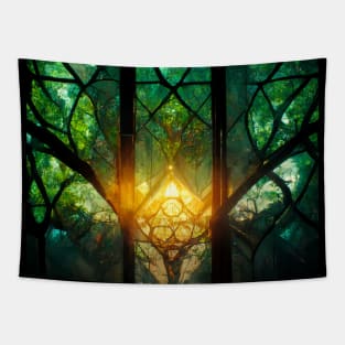 Stained Glass Green Forest Window Glowing Tapestry